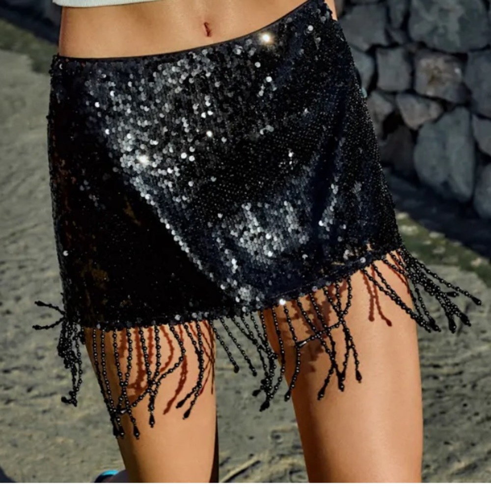 Reformation Black Sequin Mini Skirt